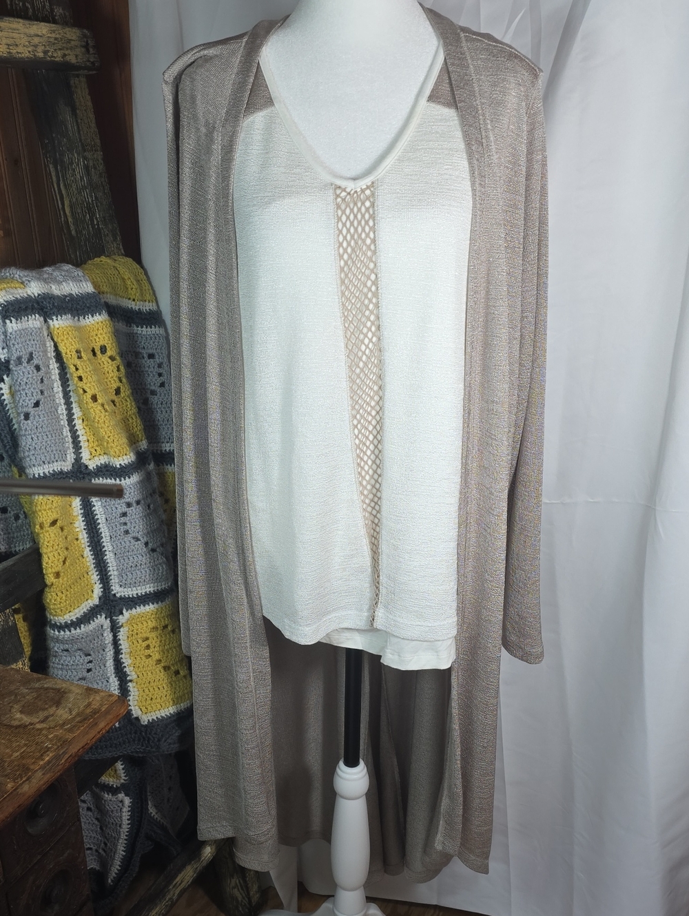 Light Taupe Longline Open-Front Cardigan with Cream Tank